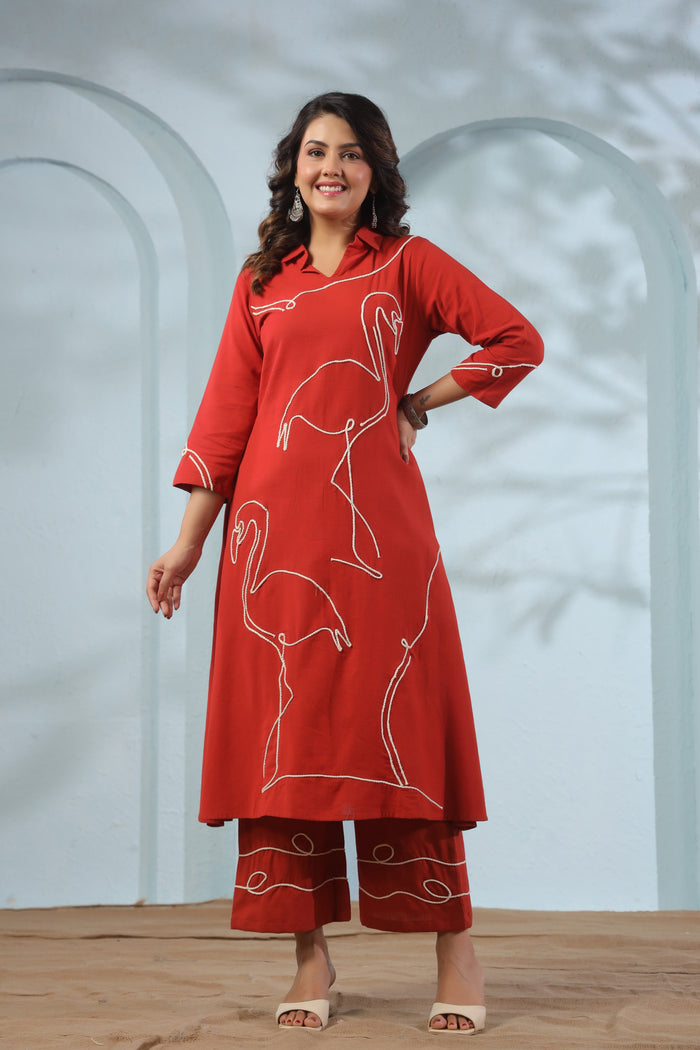 Orange Flamingo Embroidered Cotton Flex Co-ord Set