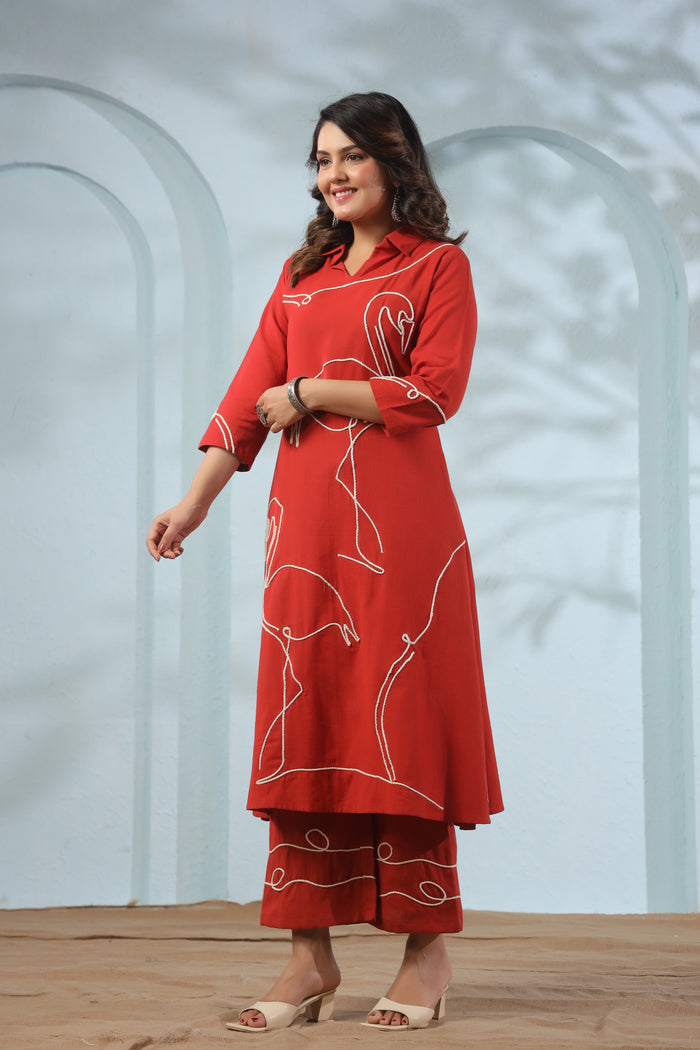 Orange Flamingo Embroidered Cotton Flex Co-ord Set