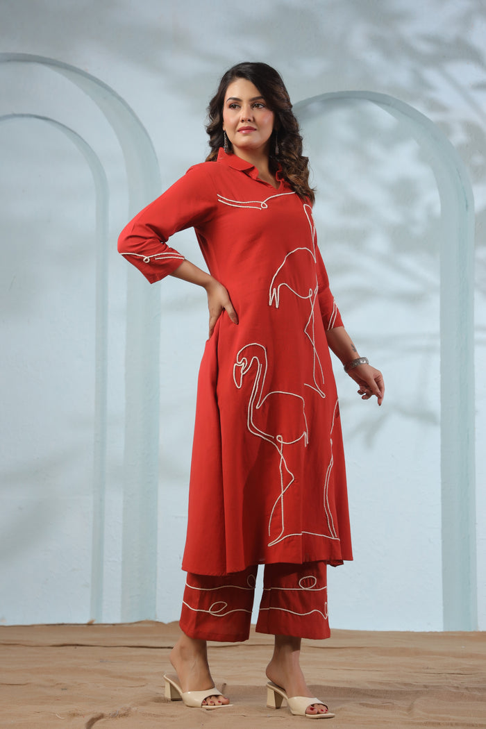 Orange Flamingo Embroidered Cotton Flex Co-ord Set