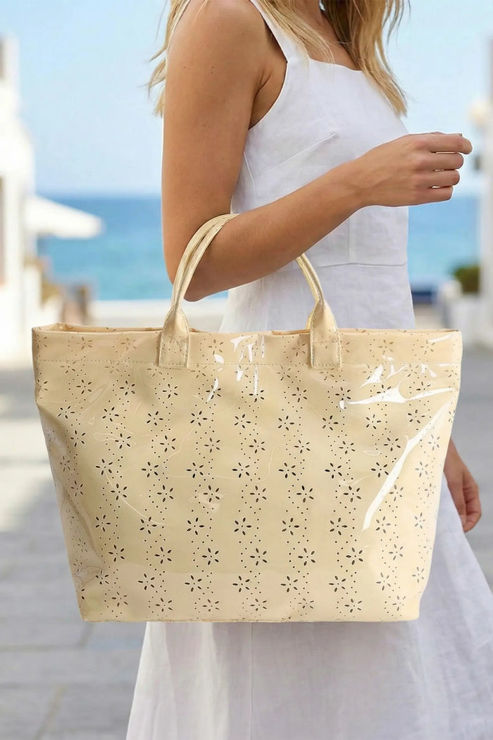Orchid Eyelet Flower Pattern PVC Glossy Waterproof Tote Bag