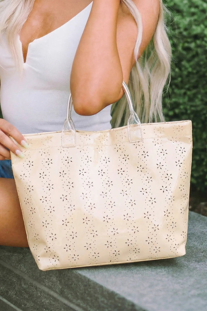 Orchid Eyelet Flower Pattern PVC Glossy Waterproof Tote Bag