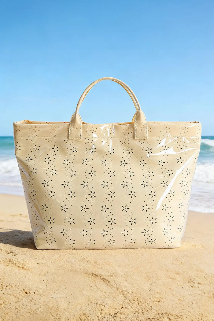 Orchid Eyelet Flower Pattern PVC Glossy Waterproof Tote Bag