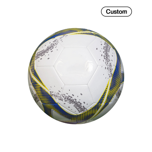 White soccer ball with blue and yellow patterns on a white background