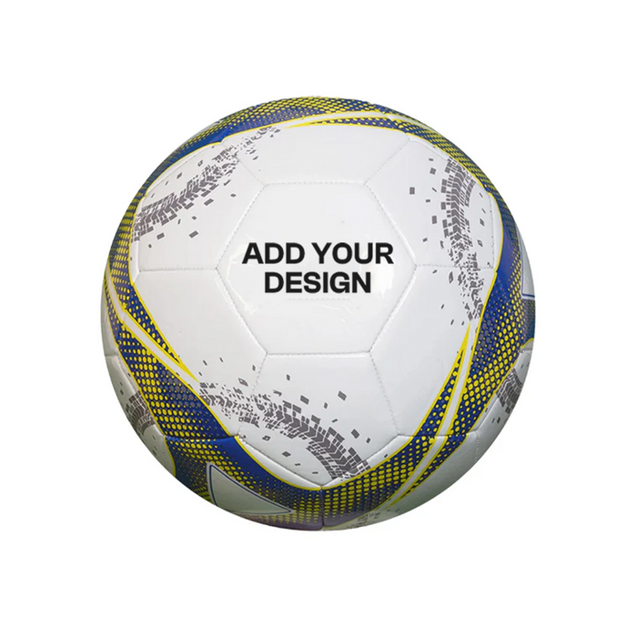White soccer ball with blue and yellow patterns and text 'Add Your Design' on a white background