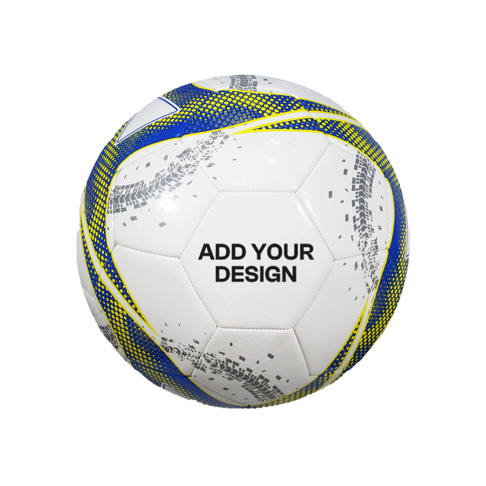 White soccer ball with blue and yellow patterns and 'Add Your Design' text on a white background