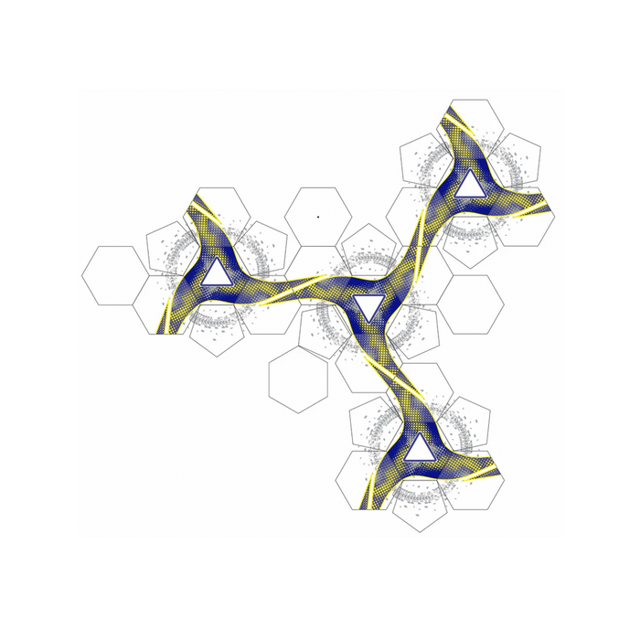 Geometric pattern with blue and yellow lines on a white background