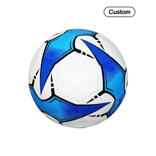 White and blue soccer ball on a white background with 'Custom' label.