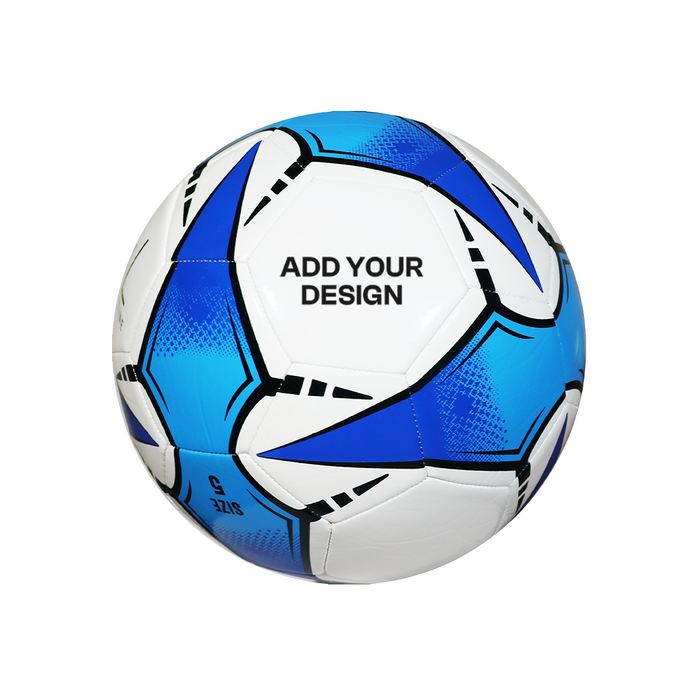Blue and white soccer ball with 'Add Your Design' text on a white background