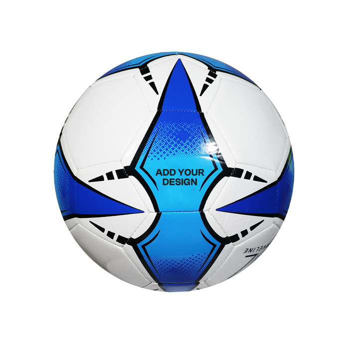 White and blue soccer ball with 'Add Your Design' text on a white background