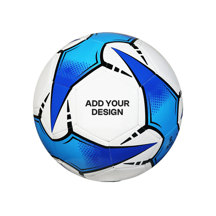 Blue and white soccer ball with 'Add Your Design' text on a white background