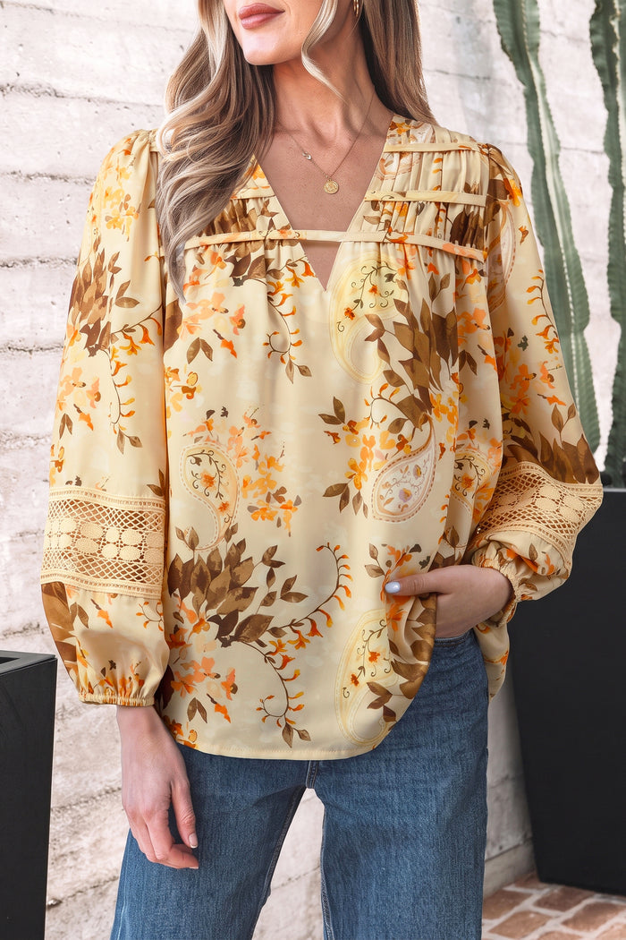 Paisley Print Decorative Binding Tape V Neck Shift Blouse – Khaki