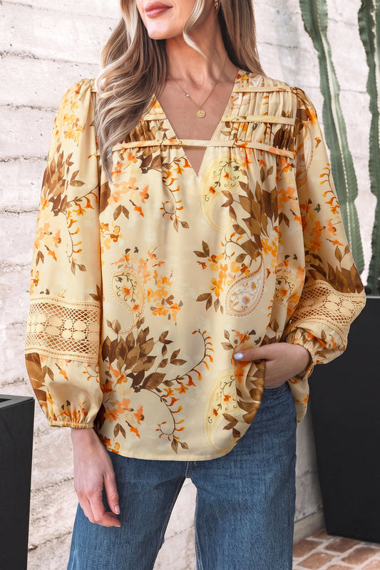 Paisley Print Decorative Binding Tape V Neck Shift Blouse – Khaki