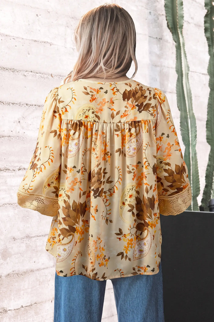 Paisley Print Decorative Binding Tape V Neck Shift Blouse – Khaki