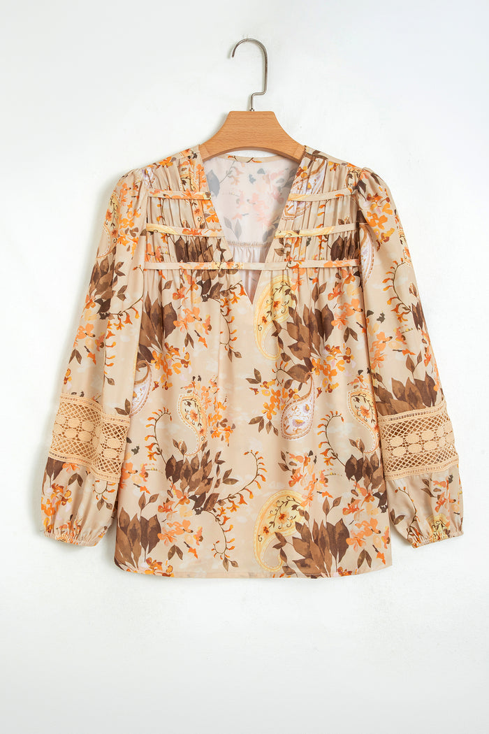 Paisley Print Decorative Binding Tape V Neck Shift Blouse – Khaki