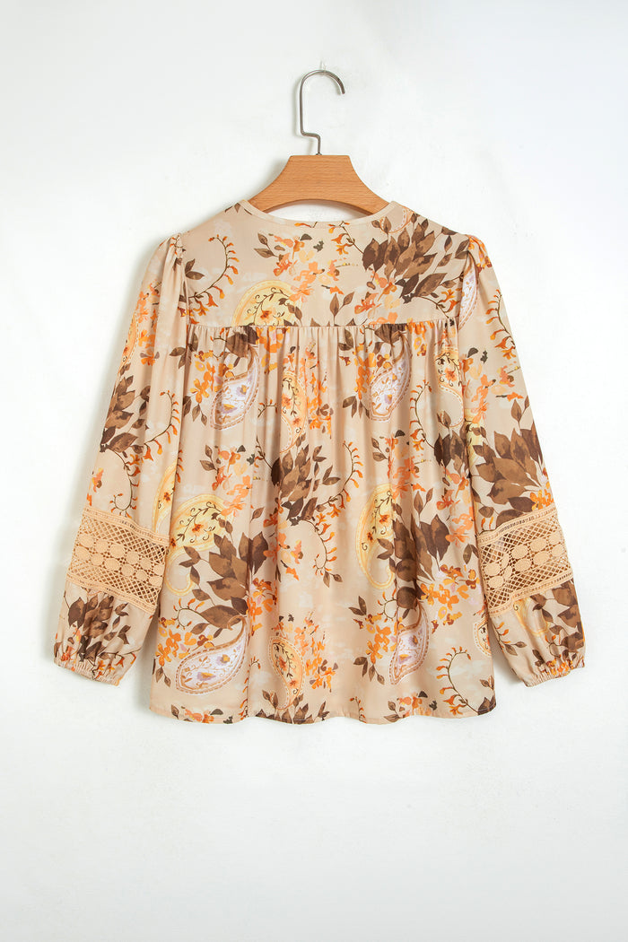Paisley Print Decorative Binding Tape V Neck Shift Blouse – Khaki