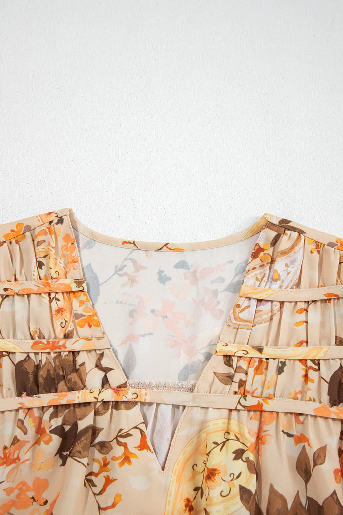Paisley Print Decorative Binding Tape V Neck Shift Blouse – Khaki