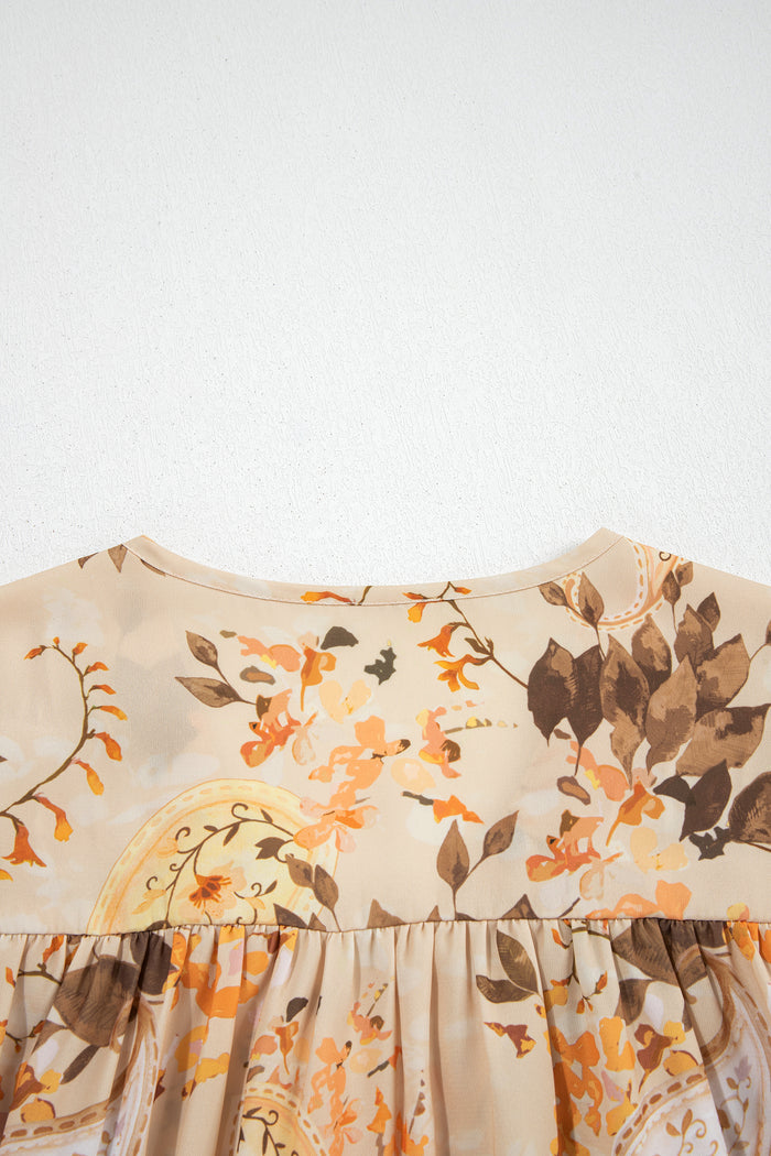 Paisley Print Decorative Binding Tape V Neck Shift Blouse – Khaki
