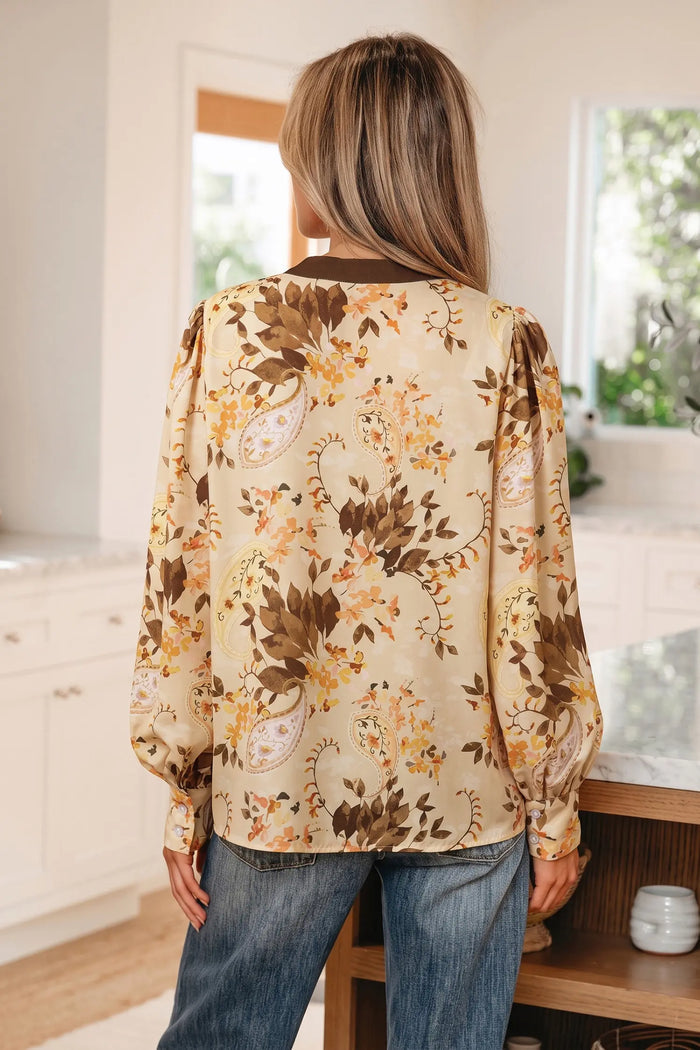 Paisley Print Tie Neck Long Sleeve Blouse – Khaki