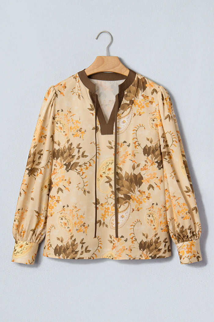 Paisley Print Tie Neck Long Sleeve Blouse – Khaki
