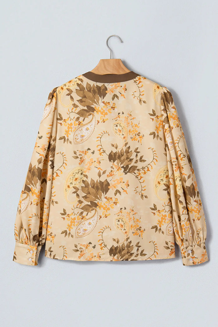 Paisley Print Tie Neck Long Sleeve Blouse – Khaki