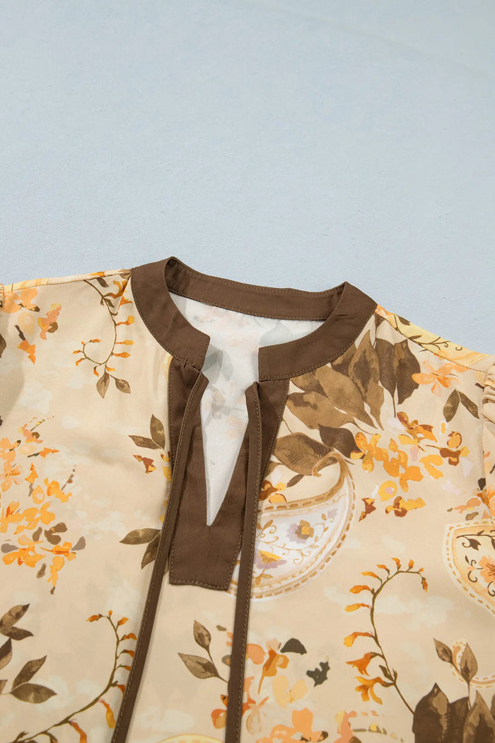 Paisley Print Tie Neck Long Sleeve Blouse – Khaki
