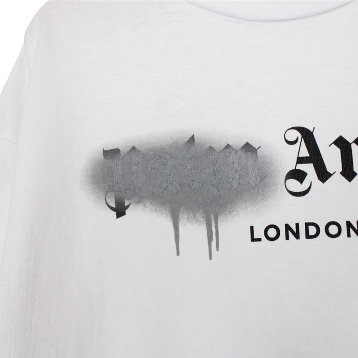 Palm Angels white cotton t-shirt with sprayed print and chest pocket detail.
