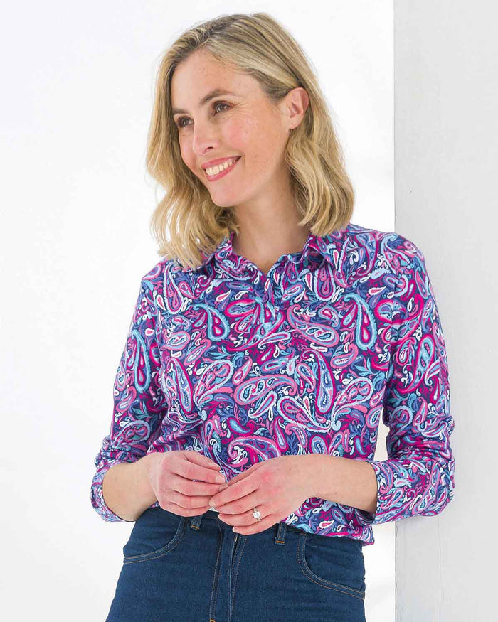 Pandora Patterned Cotton Long Sleeve Polo Top - Image 1 - The Classic Boutique