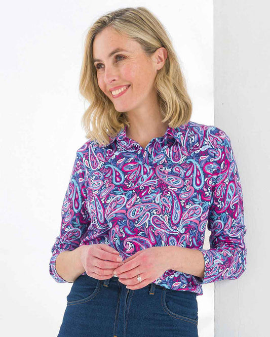Pandora Patterned Cotton Long Sleeve Polo Top - Image 1 - The Classic Boutique