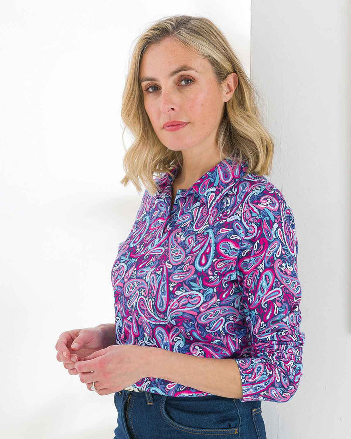 Pandora Patterned Cotton Long Sleeve Polo Top - Image 2 - The Classic Boutique