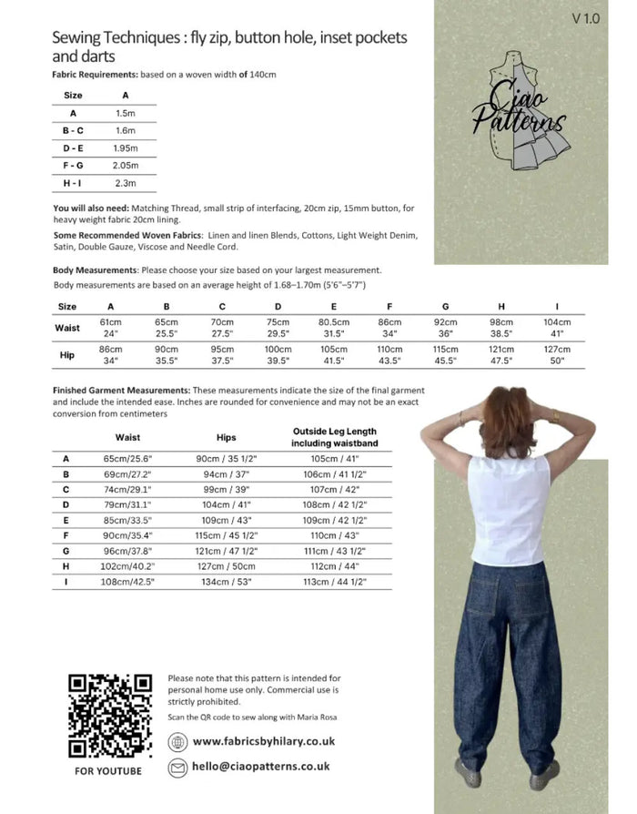 Pattern envelope for pants with sewing techniques, fabric requirements, and body measurements.