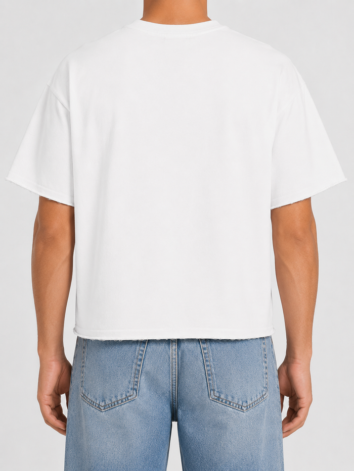 White Papercut All Day Every Day oversized cropped T-shirt, relaxed fit casual top with bold printed design.