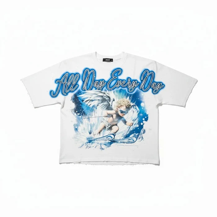 White Papercut All Day Every Day oversized cropped T-shirt, casual fit, with printed text, displayed on a flat surface.