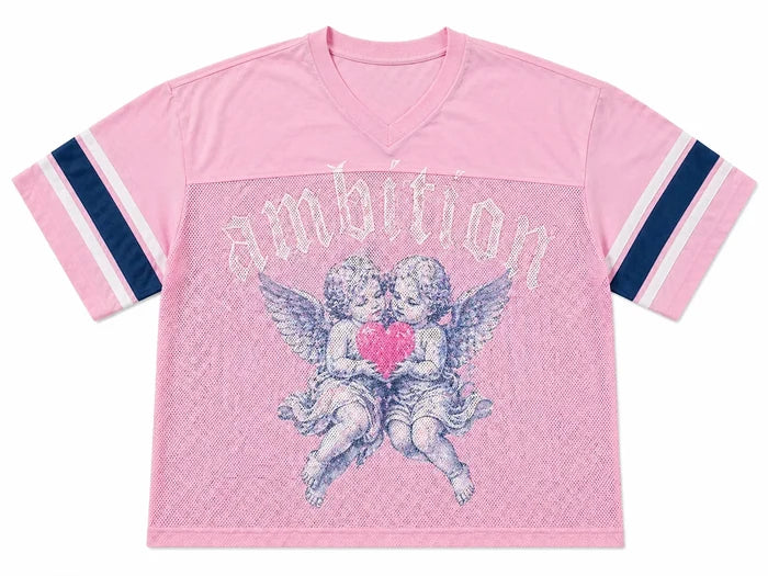 Pink Papercut Ambition cropped jersey T-shirt with short sleeves and a relaxed fit, featuring a subtle graphic design.