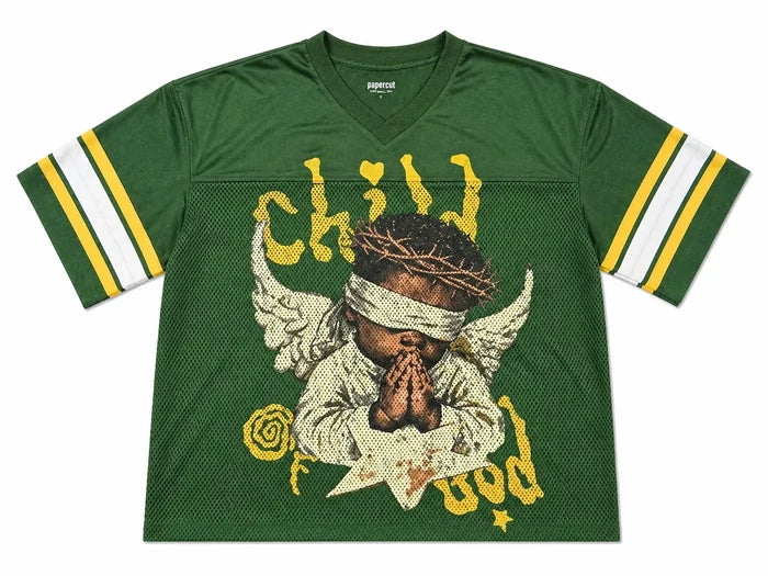 Green Papercut Child Of God cropped jersey T-shirt with printed design, casual fit, and short sleeves.