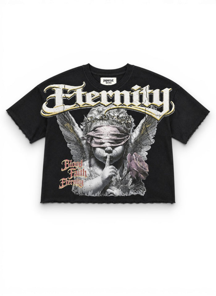 Black Papercut 'Eternity' oversized cropped T-shirt with a relaxed fit, displayed on a white background.