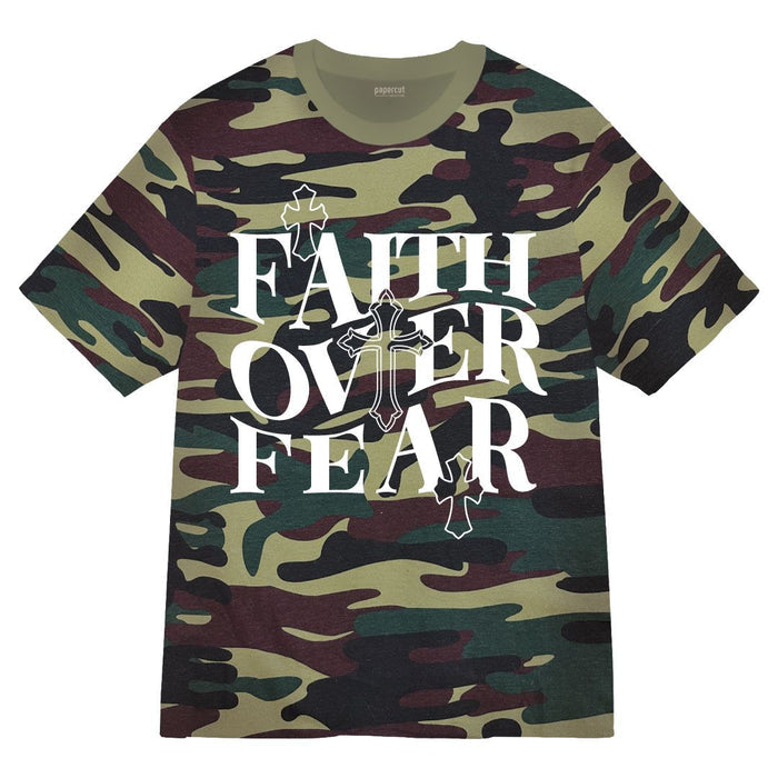 Green camo Papercut Faith Over Fear T-shirt with bold text, casual fit, and graphic design on front.