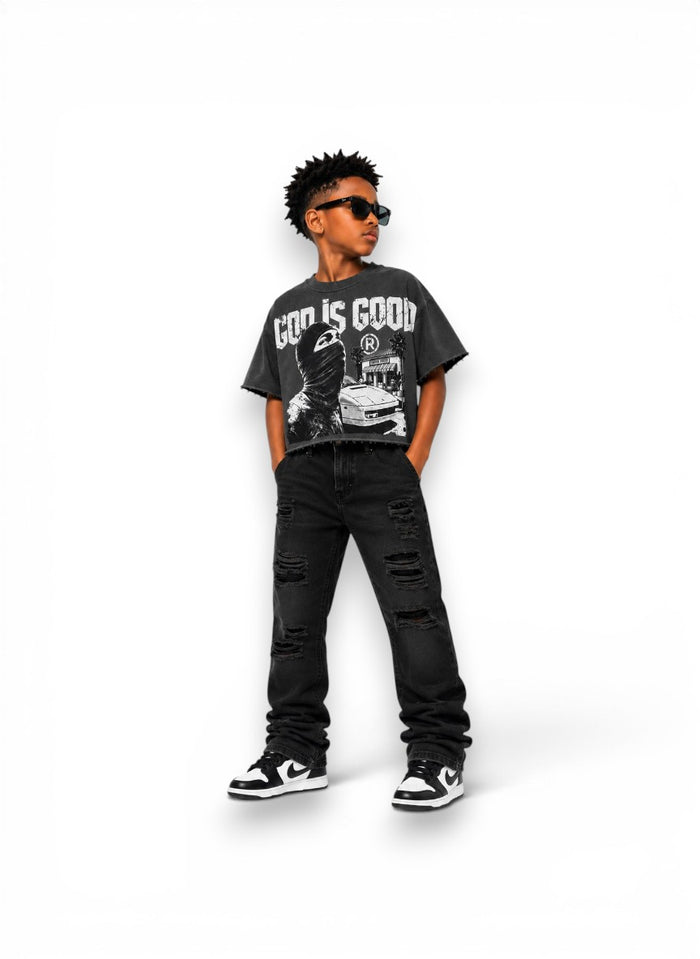 Gray Kid's T-shirt by Papercut featuring a "God Is Good" graphic design, made for kids and comfortable to wear.