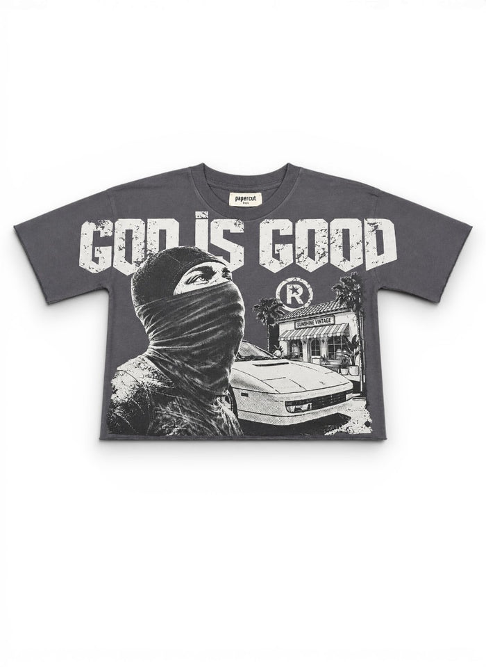 Gray Papercut Kid's God Is Good T-shirt for kids with a bold printed design shown in the image.