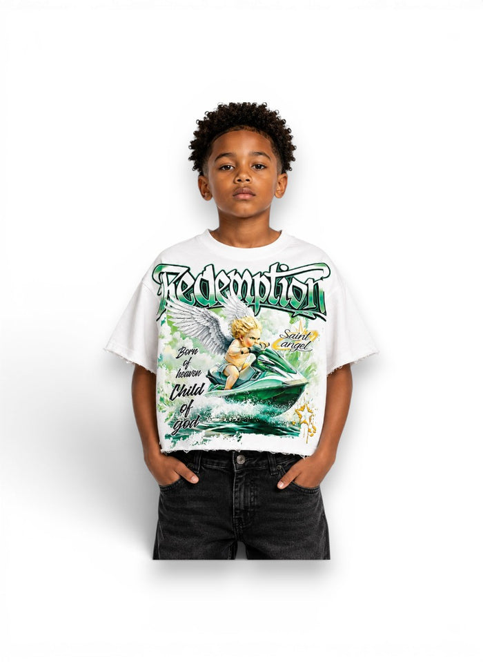 White Papercut Kid's Redemption cropped T-shirt with graphic design, casual kids' T-shirt, front view.