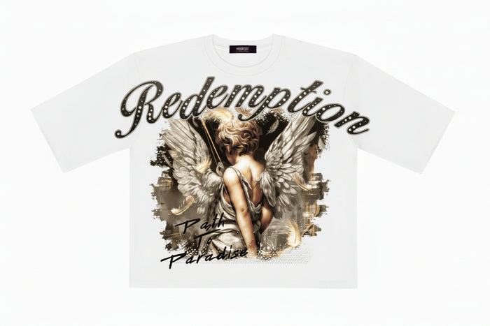 White Papercut Redemption oversized cropped T-shirt with a relaxed fit and short sleeves, displayed flat on a neutral background.