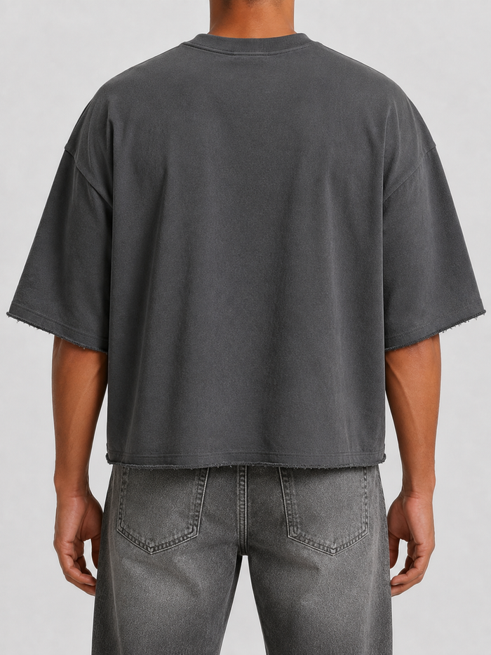 Grey Papercut Redemption oversized cropped tee, casual fit with short sleeves and relaxed style, displayed on a plain background.
