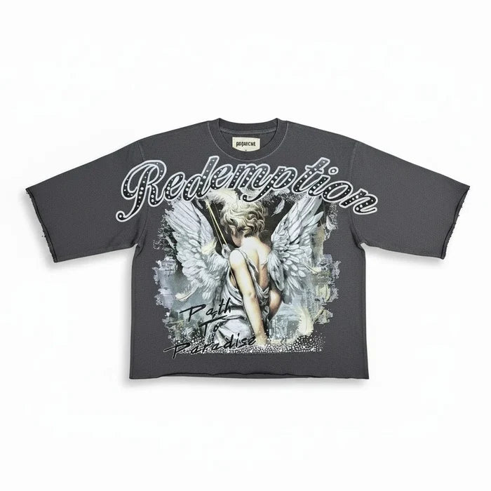 Grey Papercut Redemption oversized cropped tee, casual style with a relaxed fit and cropped length, featuring subtle graphic details.