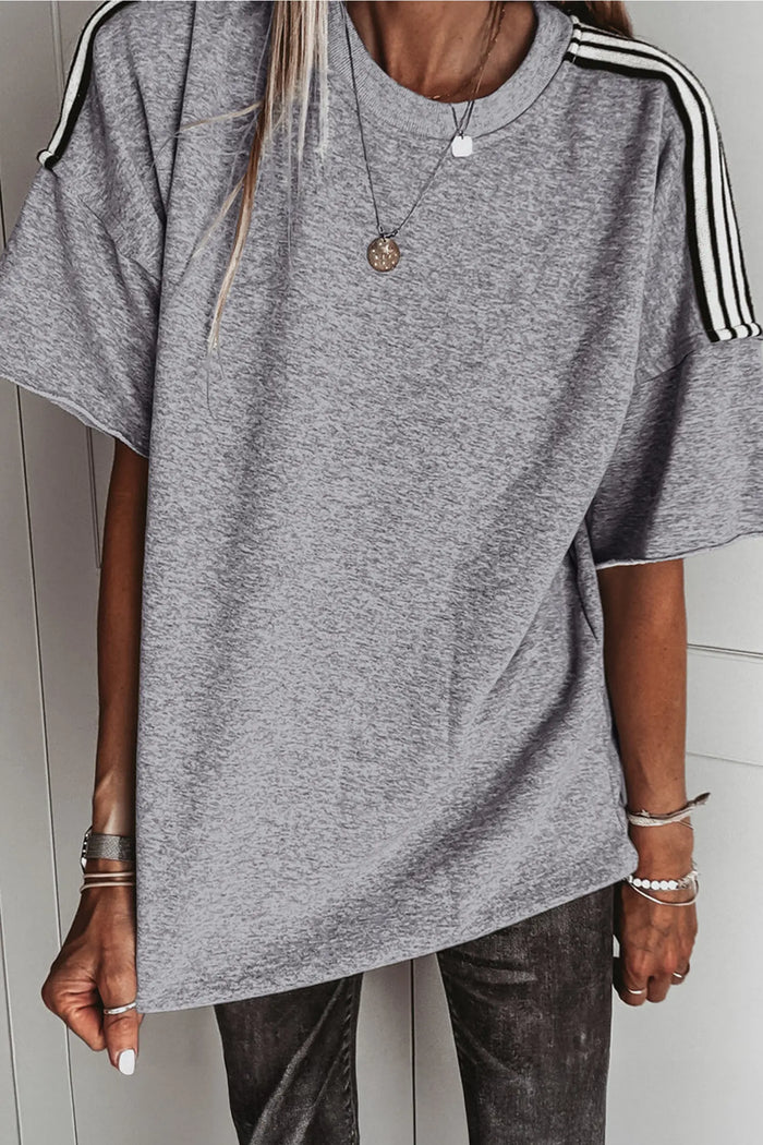 Patchwork Detail Raw Edge Oversize Tee – Light Grey