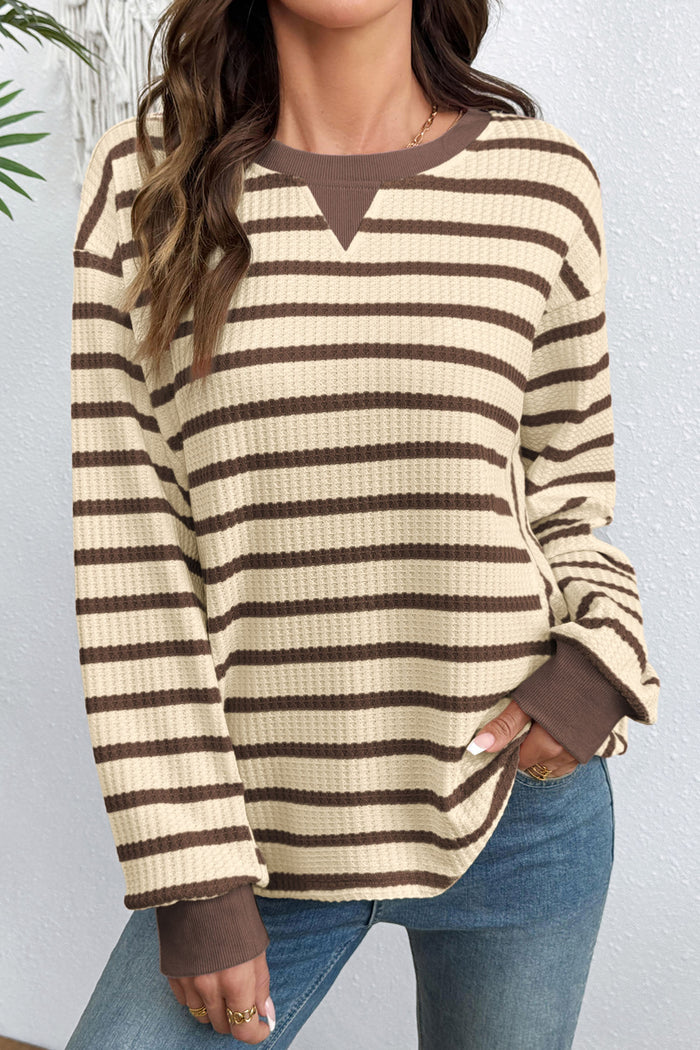 Patchwork Ribbed Cuff Casual Pullover Sweatshirt – Brown Stripe