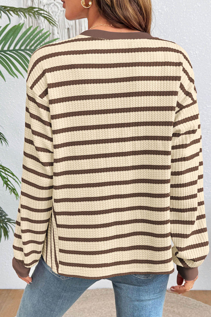 Patchwork Ribbed Cuff Casual Pullover Sweatshirt – Brown Stripe