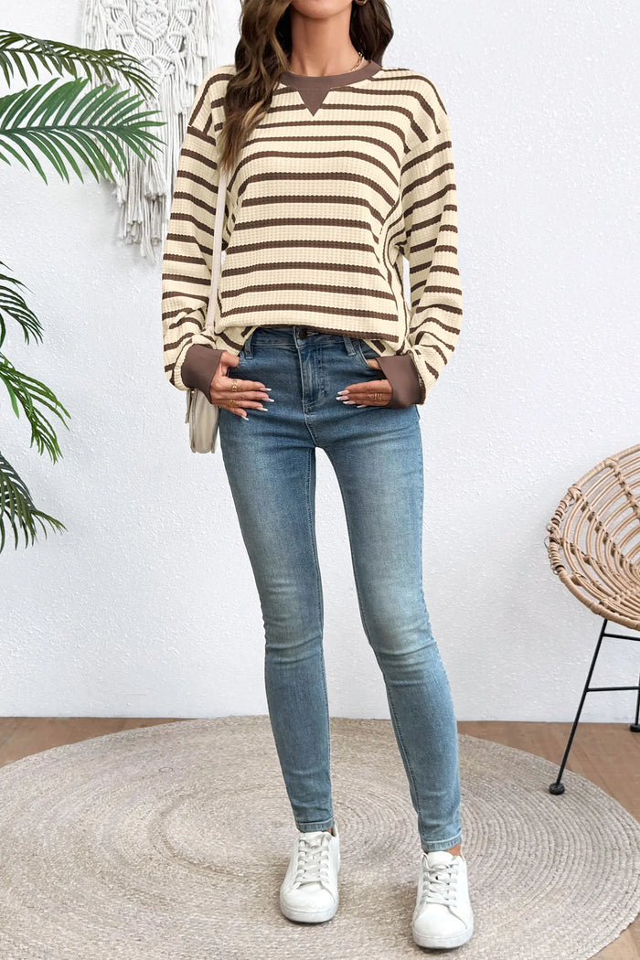 Patchwork Ribbed Cuff Casual Pullover Sweatshirt – Brown Stripe