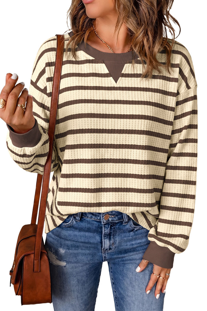 Patchwork Ribbed Cuff Casual Pullover Sweatshirt – Brown Stripe