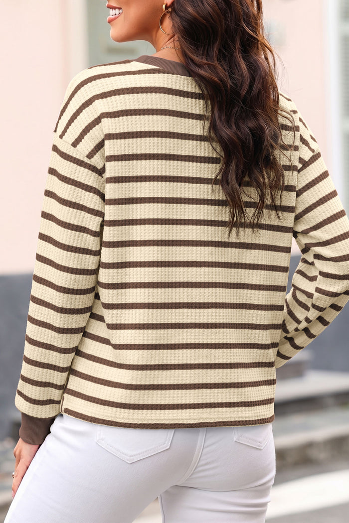 Patchwork Ribbed Cuff Casual Pullover Sweatshirt – Brown Stripe