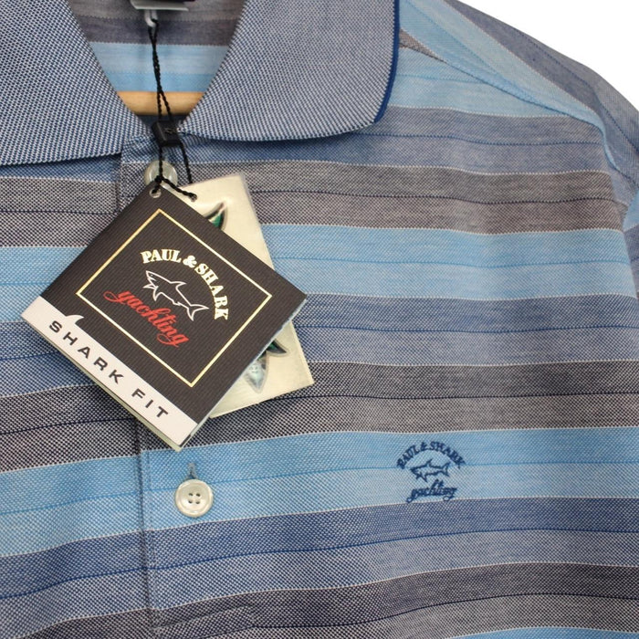 Paul & Shark blue and grey striped short sleeve cotton pique polo shirt with logo.