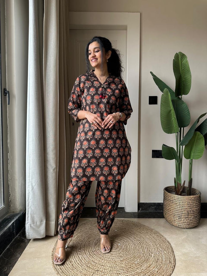 Pavi Printed Coord Set- Black Boota